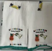 Set Of 2 “AT THE BEACH HAPPY HOUR” KITCHEN TOWELS Embroidered 2 Striped 4pcs