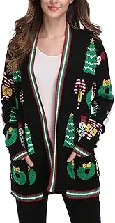 [Spadehill] Womens Ugly Christmas Long Sleeve Cardigan Sweater with Patch Pockets
