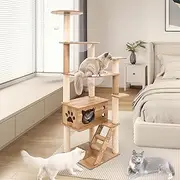 146cm Cat Tree for Indoor Cats, Wooden Multi-Level Cat Tree Towers Condo with Cat Scratching Posts for Large Cats, Natural Wooden