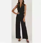 PETAL + PUP SIENNA BELTED JUMPSUIT Black SZ XL Wide Leg Sleeveless Formal V-Neck