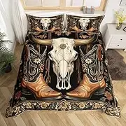 Tribal Cowboy Boots Twin Size Duvet Cover,Retro Bull Skull Western Animal Duvet Cover for Kids Teens All Season,Ethnic Bohemian Mandala Floral Bedding Set,Vintage Brown,No Comforter