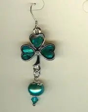 Abalone Shell Irish Shamrock Earring with teal Pearls and Swarovski Crystals