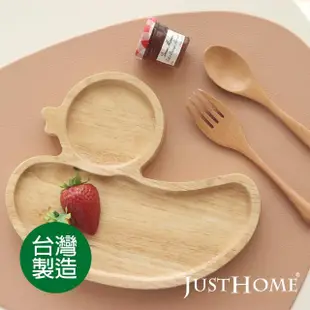 【Just Home】台灣製剪影橡膠木餐盤-鴨子外型-附原木叉子/湯匙(3件組)