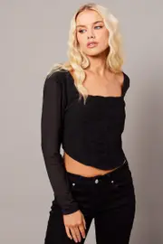 Black Corset Top Long Sleeve - Size 14, Women's Crop Top