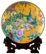 Pair of Fine Porcelain Two Plates Handmade Pottery Hand Painting Yellow Peacock