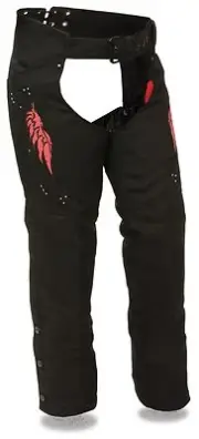 MOTORCYCLE WOMEN RIDER RED TEXTILE CHAP WITH REFLECTIVE WINGS & RIVET DETAILING