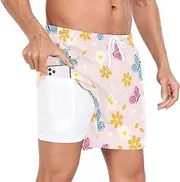 [GuoChe] Swim Trunks for Men Men's 2 in 1 Workout Shorts Valentine's Day Cute Butterflies Pink with Compression Liner, Valentine's Day Cute Butterflies Pink, Medium