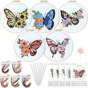 Yinder 5 Sets Embroidery Starter Kit with Patterns and Instructions Butterfly Cross Stitch Set for Beginners DIY Adult Kids Beginner Butterfly Pattern Hoops Needles Threads (Yinder-Stitch Set-07)