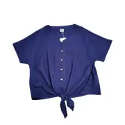 Anne Klein Top Blouse Shirt Linen Blend Front Tie Button Navy Blue Size Small