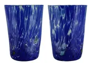 Pair of Murano Glasses Drinking Art Tumblers Blue Handmade Millefiori Set