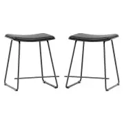 Set of 2 - Porter Nordberg Kitchen Low Stool 48cm - Black Frame - Black Veneer - Black Cushion Seat