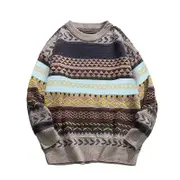 Nevenka Vintage Striped Sweater Grandpa Crewneck Knitted Pullover for Men-Grey