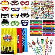 104PCS Hero Party Favors Birthday Party Supplies - Inclued Hero Mask, Gift Bags, Slap Bracelets, Stickers, Reusable Straws for Kids Hero Birthday Party Decorations