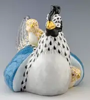 MINT HEREND HEN & CHICKS Black Fishnet Bird Rooster Figurine ($810)