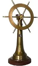 Vintage Brass Ship Wheel & Compass on Brass and Wood Pedestal-Nautical-Maritime-Coastal-Mancave-Pirate Decor 17" (Large)