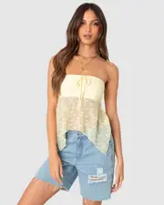 EDIKTED Womens Embroidered Sheer Strapless Top YELLOW