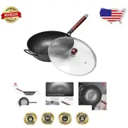 Flat Bottom Black Wok with Long Wooden Handle – Compatible with Induction Stoves