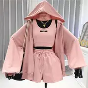 Set: Scoop Neck Lettering Crop Tank Top + Drawstring Waist Plain Sweat Shorts + Zip Hoodie Set of 3 - Tank Top & Sweat Shorts & Hoodie - Pink - XL
