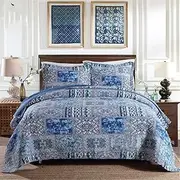 [WANWEN] 3 Pcs Double King Size Quilted Bedspread Lightweight Comforter Coverlet Set for All Season with 2 Pillow Shams, 230 x 250 cm, Blue Little Surprise