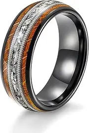[Wozya] 8 mm Mens Tungsten Rings Whiskey Barrel Wood Ring Between Guitar Strings Aluminum Dross Engagement Wedding Band