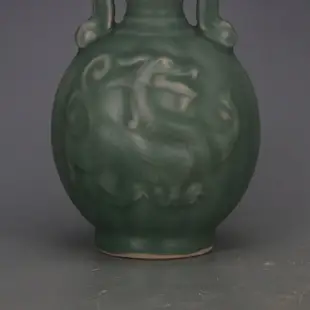 宋 龍泉窯青瓷雙耳龍紋蒜頭瓶 仿古舊貨瓷器古玩家居裝飾收藏擺件
