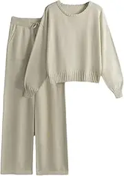 [Generic] Women's Sweater 2 Piece Sets Women Spring Winter Casual Knitted Tracksuit Wide Leg Pant Set Women Ribbed Pullover Tops