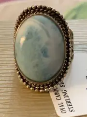 DESIGNER CFJ MODERNISTIC OVAL LARGE CABOCHON LARIMAR STERLING SILVER BAND RING 7
