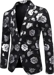 [DGHM-JLMY] Men Slim Fit Shawl Lapel Blazer Coat Regular Fit Suit Floral Blazer Jacket Business Jacquard Tuxedo Party Dinner, Silver 3, Large
