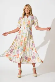 Bella Maxi Shirt Dress Half Sleeve in multicolor Daisy Patchwork Print 8