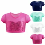 Kids Girls Mesh Short Sleeve Crop Top Round Neckline Sequins Dance Tops Costume