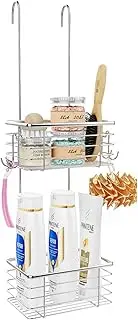 QIHS 2-Tier Over Door Shower Basket, Silver, Contemporary Shower Caddy with 2 Hooks, Hanging Mount, Stainless Steel