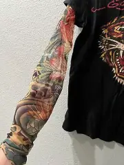 ED HARDY TATTOO SHEER MESH SLEEVE TIGER FACE BLACK COTTON SHIRT TOP XS/S NWT$295