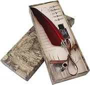 Feather Pen and Ink Set, English Calligraphy Feather Dip Quill Pen Writing Ink Set Stationery Gift Box with 5 Nibs(Red)