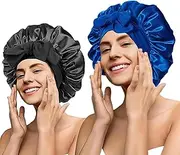 yqswstl 2Pc Silk Bonnet Satin Hair Bonnet With Tie Band for Sleeping Large Bonnets Hair Wrap with Adjustable Straps Hair Shower Cap Sleep Caps for Women Curly Braid Hair（Black+Blue）