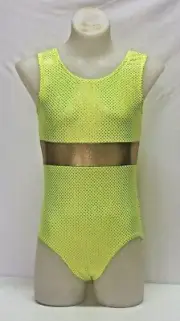 Leotards Dance Gymnastics, Lemon Hologram Sequin Spandex Gold Insert, S 14 New