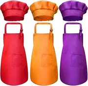Labymos 6 Pieces Kids Chef Hat Apron Set, Boys Girls Aprons for Kids Adjustable Aprons Kitchen Bib Aprons with 2 Pockets for Kitchen Cooking Baking Wear (Small, Color 3)