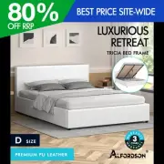 ALFORDSON Bed Frame Double Size Gas Lift Storage Base White Leather TRICIA