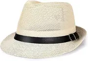 [Huloretions] Straw Fedora Hat for Men Packable Short Brim Roll Up Trilby Hat Panama Summer Beach Sun Hat UPF 50+ Foldable Floppy Travel Packable Staw Hat Beige White, Beige White, Medium