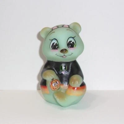 Fenton Glass MEOW Black Cat Halloween Pumpkin Sitting Bear Figurine Ltd Ed #5/23