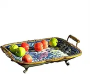 Fruit and Produce Storage Basket Rectangular Fruit Plate Retro Ceramic Fruit Bowl Living Room Dining Room Desktop Decor Double Ear Handle Fruit Dish Suitable for Kitchen Counters