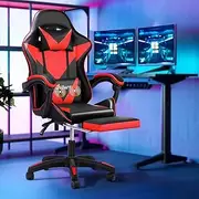 Oikiture Home Gaming Chair Executive Computer Desk Chair with Footrest and Lumbar Pillow Massage Office Chair Black and Red