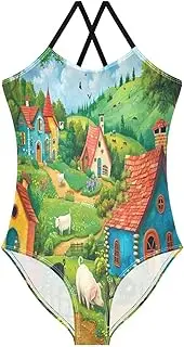[RPLIFE] Whimsical Farm Scene Girls Swimming Suit with Adjustable Shoulder Strap, 3-10T Beach Swimwear, Girls Athletic Swimsuit