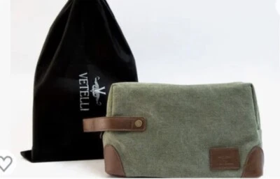 NEMens/Unisex Vetellin Canvas Bag Toiletry Kit Olive Green Lined Leather Accents