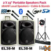 E-Lektron 2X15" inch 1800W Portable Speakers System PA Microphones+Stands