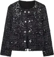 [Rfmfkkg] Women'S Sequined Decoration Tweed Suit Coat Buttons Crewneck Short Greatcoat Blazer Top