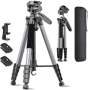 CAMBOFOTO 74"-Camera-Tripod, Gray Porfessional Aluminum Heavy Duty Tripod Stand for Mirrorless Camera/DSLR/Cell Phone/Camcorder, with Holder and Travel Bag (Gunmetal Gray)