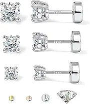 [GEMQUEEN] Moissanite Earrings Studs Hypoallergenic 14K Gold Plated Flat Back Earring Sterling Silver Earrings for Women Men - 3 Pairs Earring Set Cartilage Helix Piercing Jewelry D Color VVS1 1.8CT