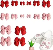 [HAOXYO] Pack of 16 Shoe Charms with Bows, Cute Shoe Pins for Shoes, Shoe Charms for Women, DIY Pendant with Buttons for Girls, Clogs, Sandals Decoration (Pink and Red), Plastic