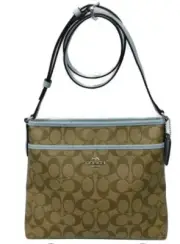 Authentic Coach Signature Coated Canvas File Crossbody Bag, Khaki Pale Blue