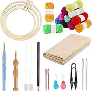 Allazone 17 PCS Punch Needle Embroidery Kits, 3 PCS Plastic Hoops with 3 PCS Punch Needle Cloth, 12 Color Yarn, Punch Needle, Big Eye Needles, Needle Threaders for Punch Needle Kits